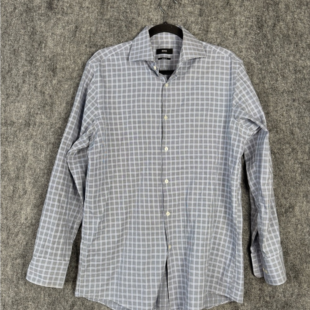 BOSS Men’s Sharp Fit Dress Shirt 15.5 32/33 Blue Check Pattern. Size M